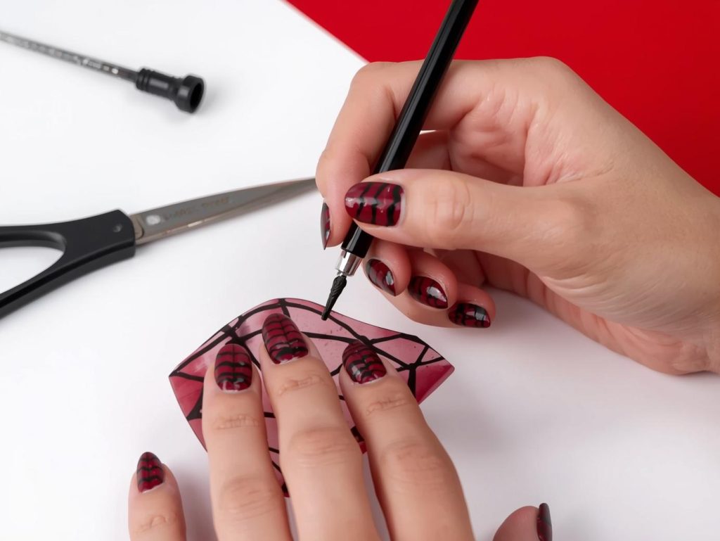 Applying deep red web line simple Halloween nail design with black lines.