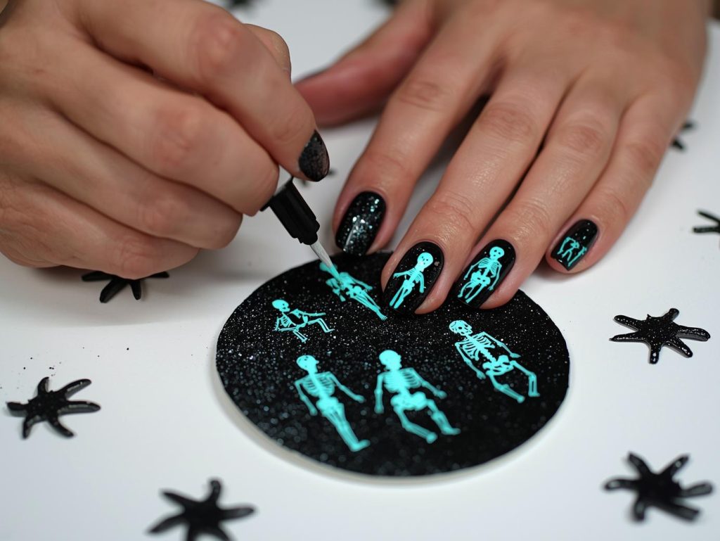  Applying black glitter skeleton black Halloween nail design with glow-in-the-dark accents.