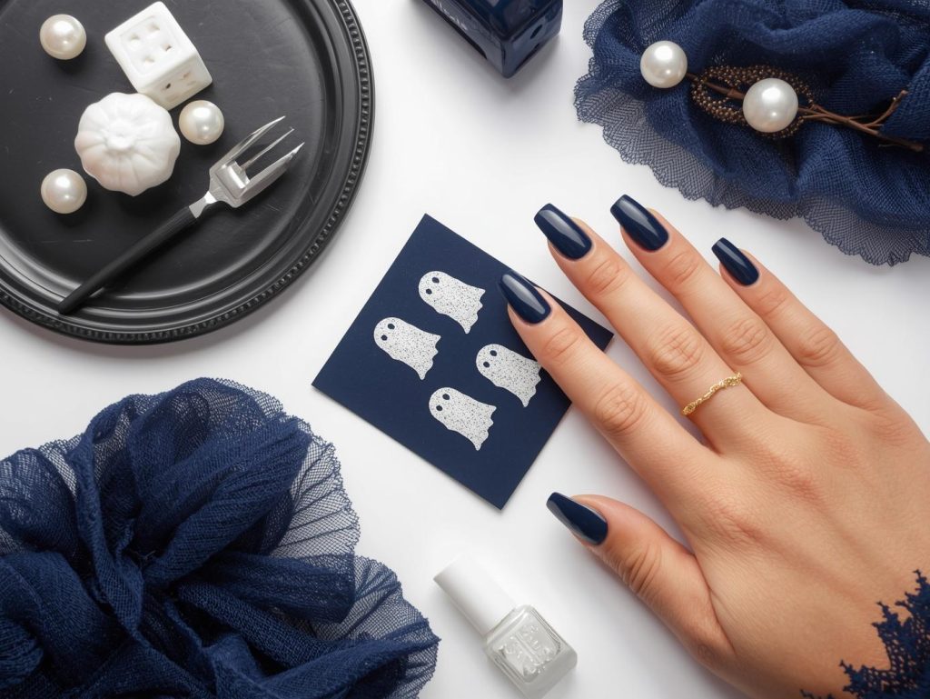  Applying deep navy pearl ghost classy Halloween nail design with shimmering silhouettes.
