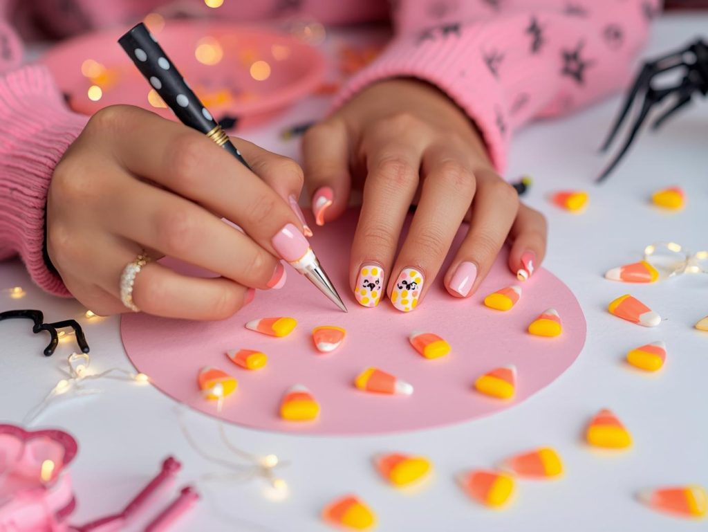 Applying soft pink candy corn pink Halloween nail design with glow-in-the-dark dots.