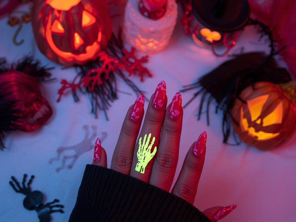 Halloween Acrylic Nails: Bold, Spooky, and Pinterest-Worthy Designs to Adore 10 Applying vibrant crimson zombie hand Halloween acrylic nail design with glow-in-the-dark accents.