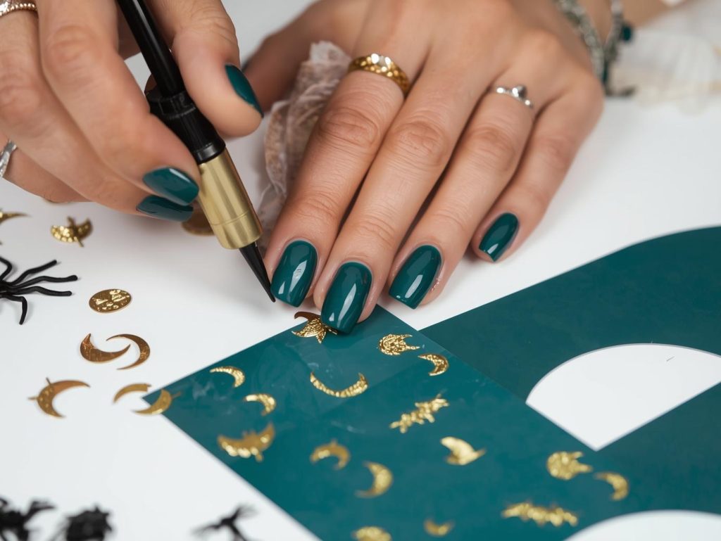 Applying deep teal Halloween nail color with gold moon stickers.
