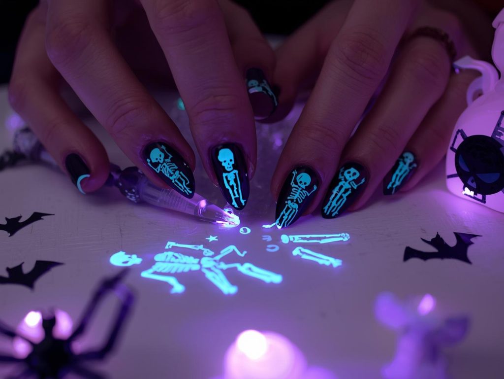 Purple Halloween Nails: Mystical, Spooky, and Pinterest-Worthy Designs to Adore 10 Applying deep amethyst skeleton purple Halloween nail design with glow-in-the-dark accents.