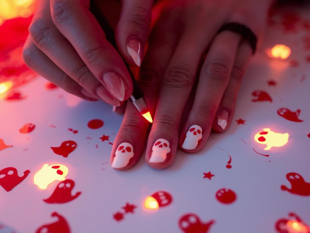 Applying blood red glow-in-the-dark ghost Kiss Halloween nail design with ghost stickers.