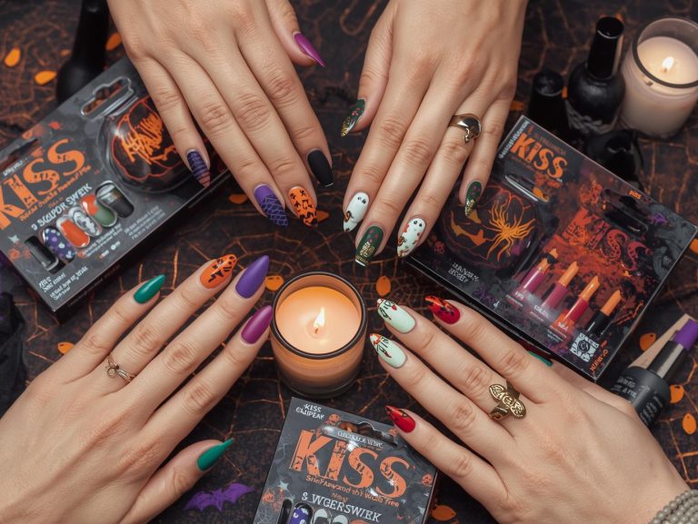 Kiss Halloween nail designs with jack-o’-lantern patterns, spider web decals, glow-in-the-dark ghost stickers, and bat accents for captivating Pinterest inspiration.