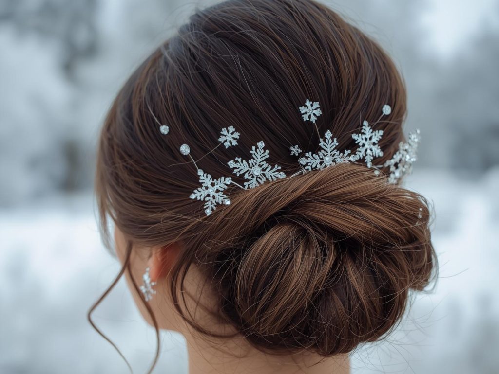  “Updo decorated with silver snowflake hair pins”