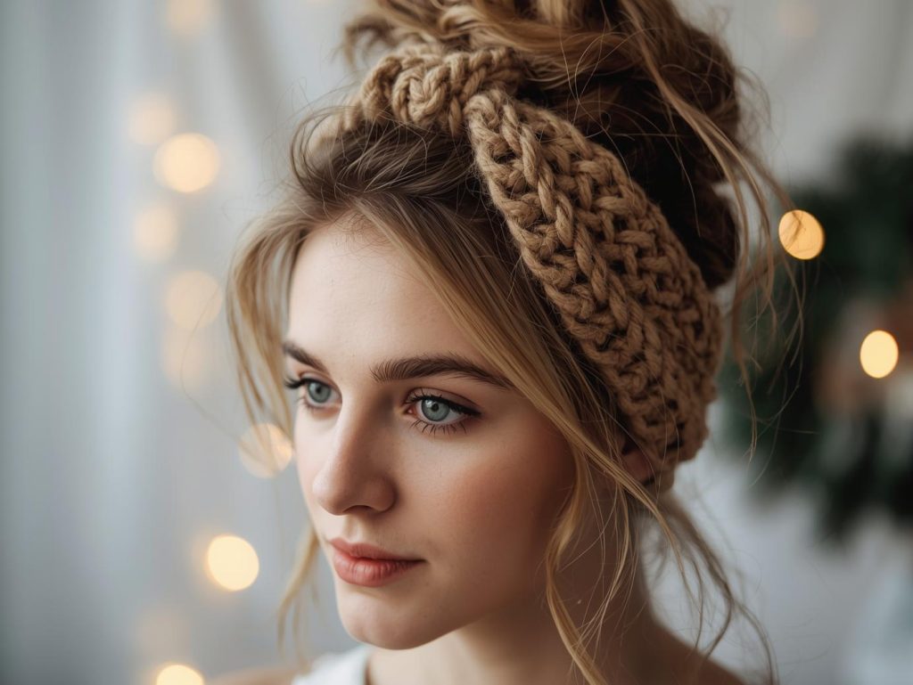 “Messy bun styled with a knit winter headband”