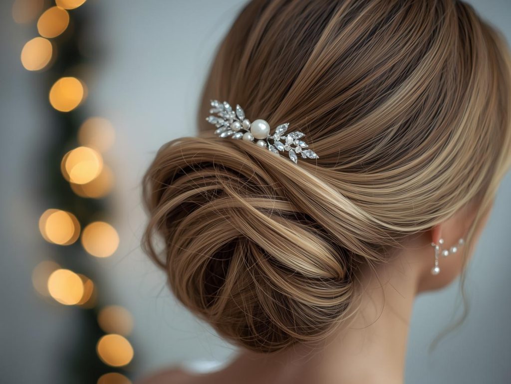 Elegant bun with subtle sparkles for a Christmas hairstyle”