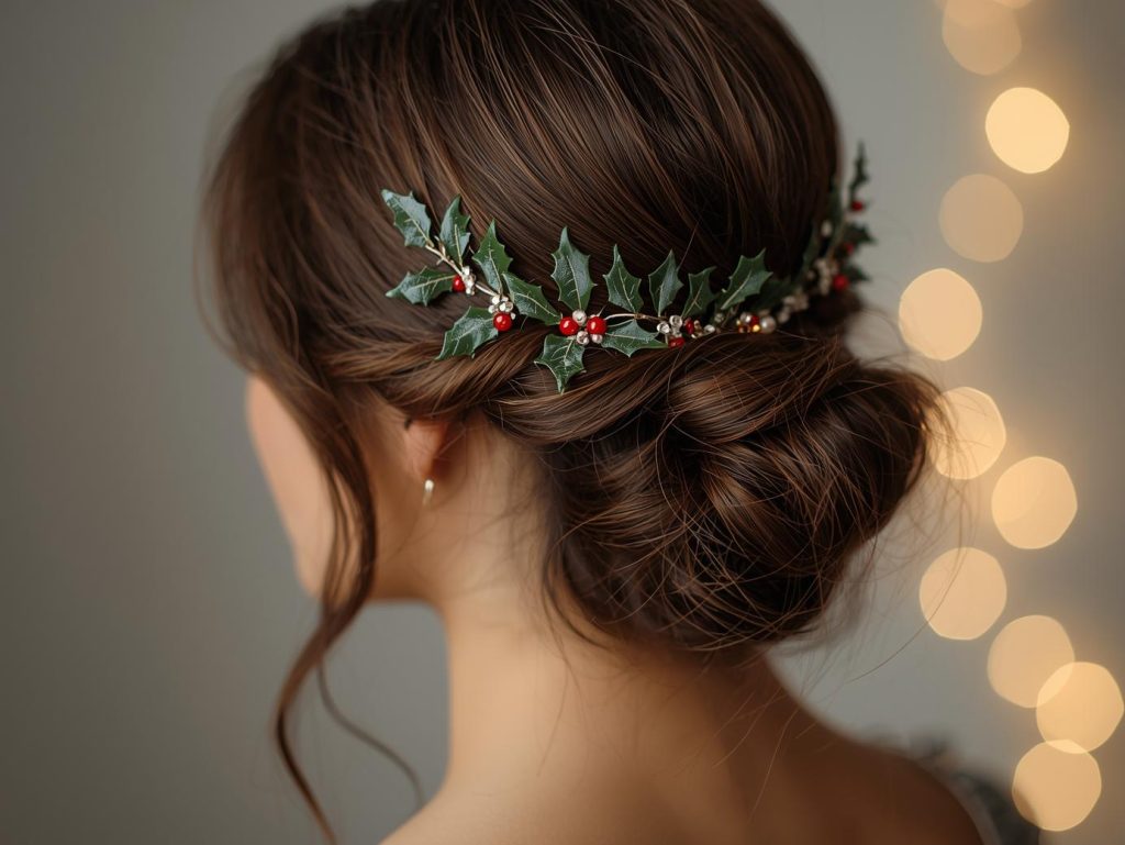 Half-up hairstyle decorated with holly leaf pins for Christmas”