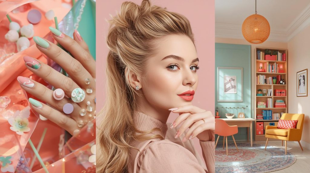 Colorful hero collage featuring nail art designs, stylish hairstyles, and creative kids room interior inspiration