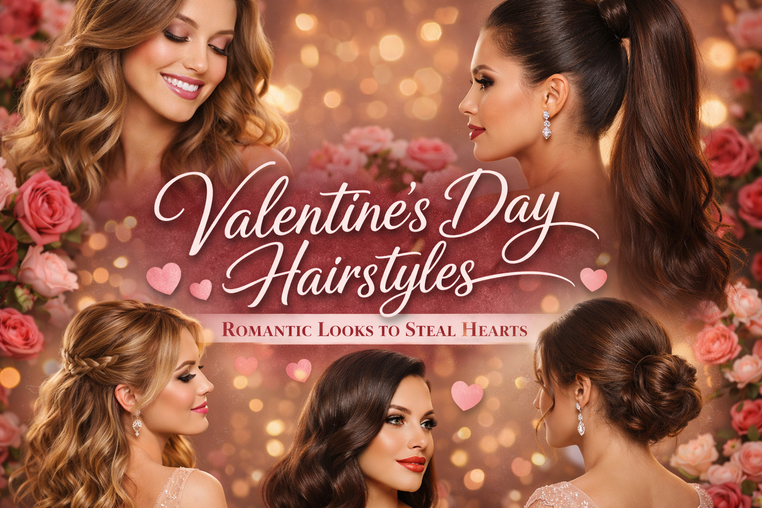 Collage of romantic Valentine’s Day hairstyles including soft curls, a sleek high ponytail, half-up waves, and an elegant low bun, set against a pink rose background with Valentine’s Day text.