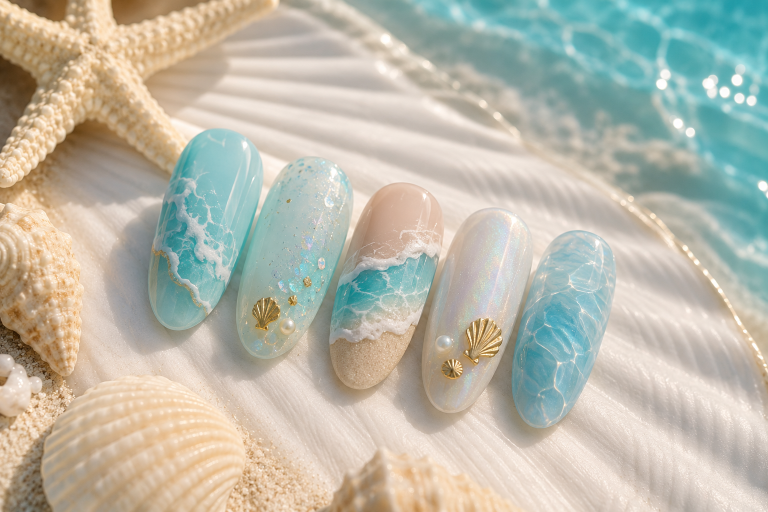 Surfside nails featuring ocean wave nail art, pearl chrome, seashell accents, turquoise marble designs, and beach-inspired manicure displayed on a seashell with sand, starfish, and turquoise water in the background.