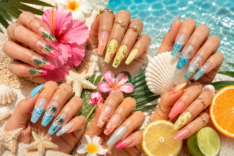 August nails featuring colorful late summer manicure designs with tropical flowers, beach-inspired nail art, citrus fruit accents, ocean wave nails, glossy coffin and almond shapes, seashells, and a turquoise beach background.